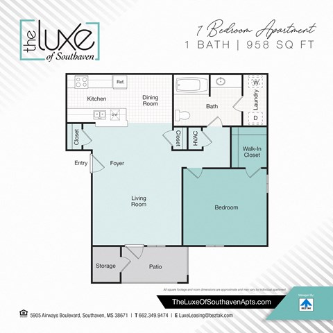 Floor plan for 1 bed, 1 bath, 958 sqft